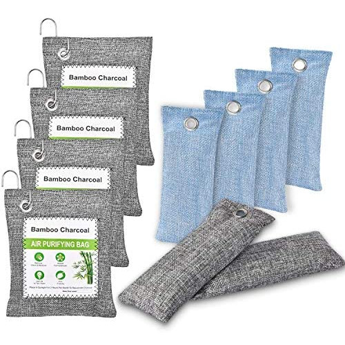 10 Pack Bamboo Charcoal Air Purifying Bag with 4 hooks, Activated Charcoal Bags Odor Absorber, Nature Fresh Charcoal Odor Eliminator Bags for Home, Car, Pet, Shoes, Gym Bag