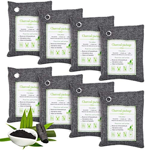 Enibon Bamboo Charcoal Air Purifying Bag 8 Packs, 8 x 200g Activated Charcoal Bags with 8 Hooks for Easy Hanging Charcole Air Freshener Bags for Home, Car and Pets to Eliminate Odors
