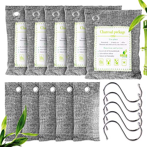 10 Pack Bamboo Charcoal Air Purifying Bags, Activated Charcoal Odor Eliminator, 5 x 200g, 5 x 75g Moisture Absorber Closet Deodorizer for Shoes, Pets, Bathroom, RVs, Basement, Car, Refrigerators