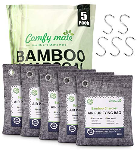 5 Pack Bamboo Charcoal Air Purifying Bags with Hooks,Charcoal Bags Odor Absorber for Home,Odor Eliminator,Closet Deodorizer, Car Air Freshener(5 Pack, 200g Each)