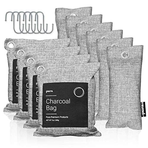 Pura Premium Activated Charcoal Bags Odor Absorber (16 Piece Set: 4x200g, 6x75g & 6 hooks) Powerful Bamboo Charcoal Air Purifying Bag - Shoe Deodorizer, Car Deodorizer, Charcoal Odor Absorber for Pets