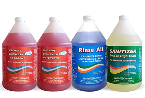 Commercial Industrial Dishwashing Kit / Machine Dishwash (2 Gallons) / Rinse All (1 Gallon) / Low-Temp Sanitizer (1 Gallon) / 4 Gallon Combo