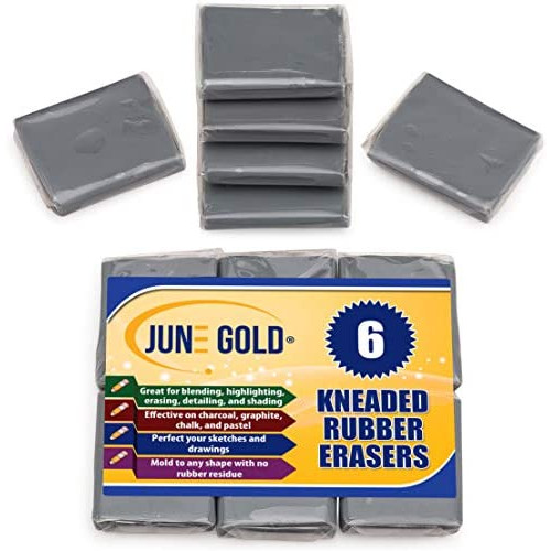June 골드 Kneaded Rubber Erasers Gray 6팩 - Blend Shade Smooth Correct Brighten Your Sketches Drawings