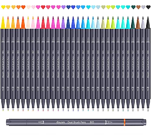 iBayam 듀얼 Brush Pens 30 Vibrant-Color Tip & Fineliner 아트 Marker Colored Journaling Note Taking Planner Calligraphy 드로잉 Office School Supplies Coloring Markers 성인
