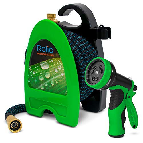 Rolio Expandable Garden Hose with Nozzle - Retractable 50 Feet Water Garden Hose with 9 Function Spray Nozzle Included, 3/4