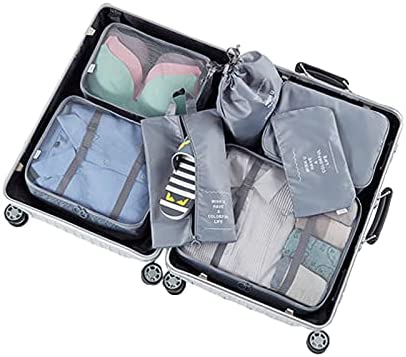 7 Set Packing Cubes with Shoe Bag - Compression Travel Luggage Organizer (Gray)