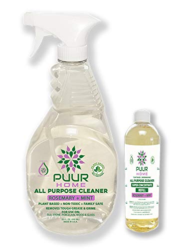PUUR Home natural all purpose cleaner. 32 oz.Spray + 4 oz super concentrate makes 160 oz (1.25 gallons) Total.Rosemary Mint Scent Non-Toxic Biodegradable