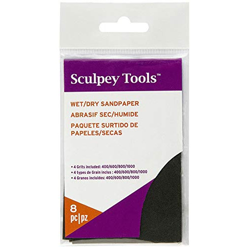 Sculpey Tools 8 piece Wet/Dry Sandpaper pack, 2 pieces each 400/600/800/1000 grit, great for polymer clay projects. Can be used wet or dry for the perfect shiny polish on your clay creations