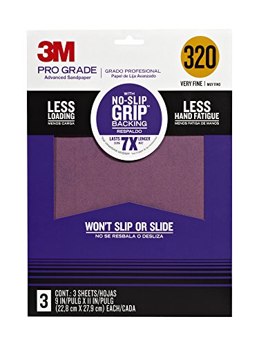 3M 25320P-G Pro Grade No-Slip Grip Advanced Sandpaper 9 X 11-Inches 320 Grit 3/Pack