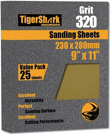 TigerShark 9 inch by 11 inch Sanding Sheets Grit 80/100/120/150/180/220/320/400 8pcs Pack Paper Gold Line Special Anti Clog Coating