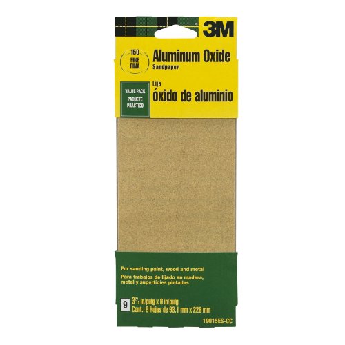 3M 19015NA-CC 19015ES-CC Fine Grit Aluminum Oxide Sandpaper for Paint, Wood, & Metal, 3-2/3 x 9-Inch, 9-Pack, Tan/Brown, 9 Count