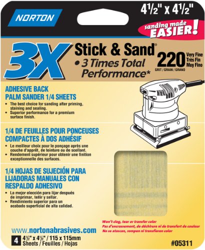 Norton 05310 3X Stick and Sandpaper 220 Grit, 4-1/2-Inch x 4-1/2-Inch, 4-Pack