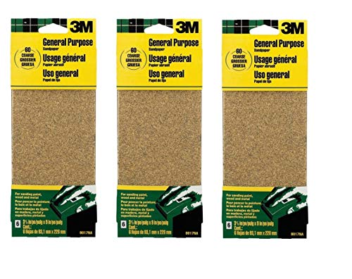 3M 9017 General Purpose Sandpaper Sheets 3-2/3-Inch 9-Inch 60 Coarse Grit 3팩 18 sheets total
