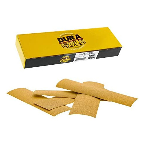 Dura-Gold Premium 60, 80, 120, 150, 220 Grit 2-2/3 x 9 Sheet Size Gold Sandpaper with Hook & Loop Backing, 5 Each, 25 Total - Sanding Wood Woodworking, Automotive, Finishing Sander, Hand Sand Blocks