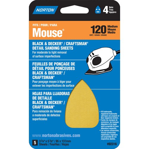 Norton 07660702316 아이언 Shape Sanding Sheet 매트 Decker/Craftsman Mouse Sander Hook Loop 7" Length x 3" Width P120 Grit Medium Grade팩 5