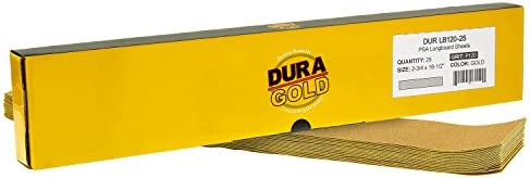 Dura-Gold Premium 80 Grit Gold Pre-Cut PSA Longboard Sandpaper Sheets, Box of 20, 2-3/4 x 16-1/2 Self-Adhesive Stickyback Sandpaper for Automotive, Woodworking Air File Sander, Hand Sanding Block