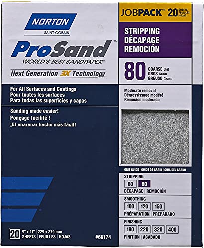 St. Gobain ProSand 07660768174 Premium Sanding Sheet With Heat-Treated Abrasive, P80 Coarse Grit For Moderate Removal and Stripping, 9 x 11 (20 Sheets)