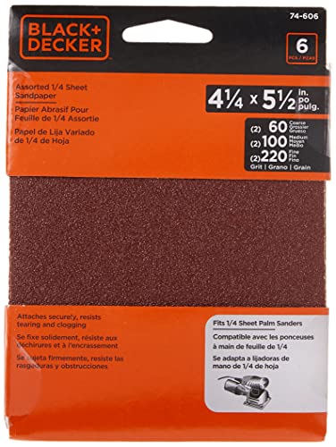 BLACK+DECKER Sandpaper Assortment, 1/4-Inch Sheet, 6-Pack (74-606)