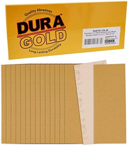 Dura-Gold Premium Sandpaper 1/2 Sheet Variety팩 Box - 80 120 150 220 & 320 Grit 3 Sheets Each 15 Total 우드 Workers 골드 4-1/2" x 11" Size Hook Loop Backing Hand Sand Sander Sanding