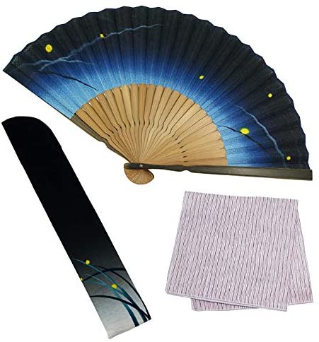 Osaka Choseido Folding Fan for Men Luxury Business Fluorite Fan Holder with Handkerchief Set