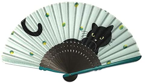 고양이 무늬 부채 여성용 부채통 주머니 포함 고급 부채 검은 고양이 사탕 6541