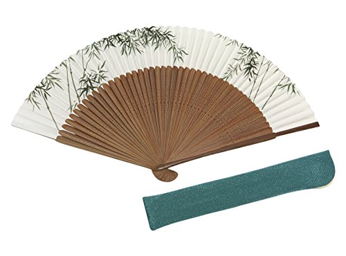 Hasegawa Kyoto Folding Fan Bamboo 45 Ribs Natural Wood Short Fabric Double Sided Design Kyoto Artisan Handmade Fan with Fan Bag in Wooden Sho Box