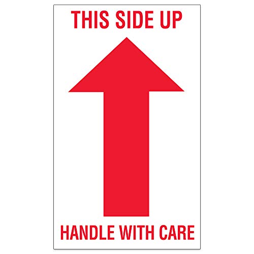 Aviditi Tape Logic 3 x 5,This Side Up Handle with Care Red/White Warning Arrow Sticker, for Shipping, Handling, Packing, and Moving (1 Roll of 500 Labels)