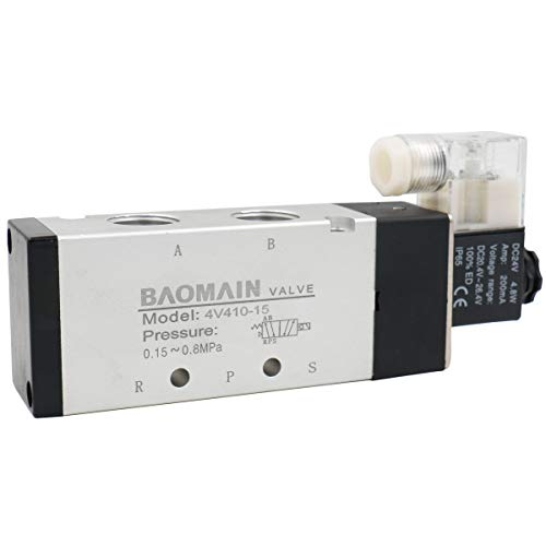 Baomain Pneumatic Solenoid Valve 4V410-15 24 VDC 5 Way 2 Position PT 1/2 Internally Piloted Acting Type Single Electrical Control
