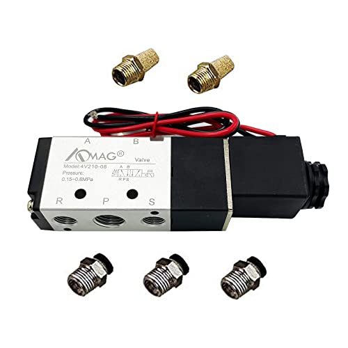 AOMAG 1/4 PT Solenoid Valve 4V210-08 DC 12V Single Coil Pilot-Operated Electric 2 Position 5 Way Connection Type