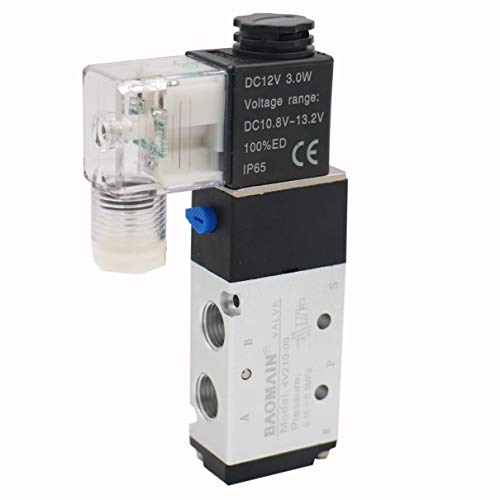 Baomain Pneumatic Air Control Solenoid Valve 4V210-08 DC 12V 5 Way 2 Position PT1/4 Internally Piloted Acting Type Single Electrical Control