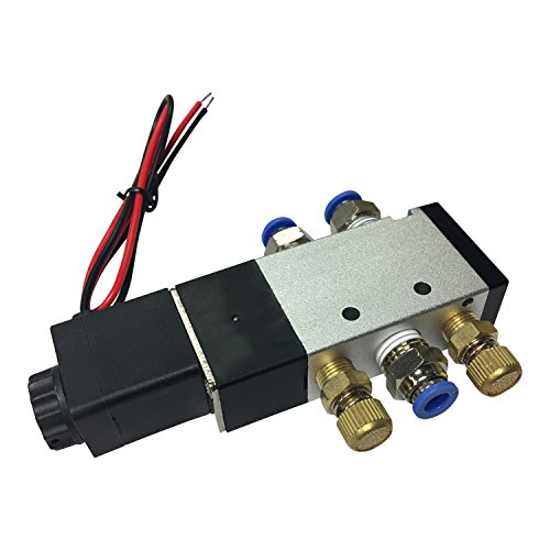 4-Way Solenoid Valve 1/4 With All Fittings (12-Volt) for Pneumatic Cylinders, Includes 1/4 push-in air fittings and speed control brass mufflers