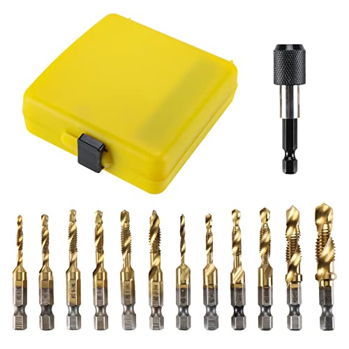 NORJIN 13PCS Combination Drill Tap & Tap Bit Set, Screw Tapping Bit Tool SAE and Metric Tap Bits Kit with 1/4 Quick Change Adapter for Drilling, Tapping, Countersinking