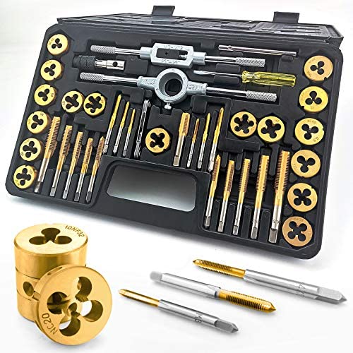 Azuno 40PCS Tap and Die Set in SAE Size, Titanium Coated GCr15 Bearing Steel with Handle/Wrench/Gauge/Screwdriver in Storage Case, Essential Threading Toolkit