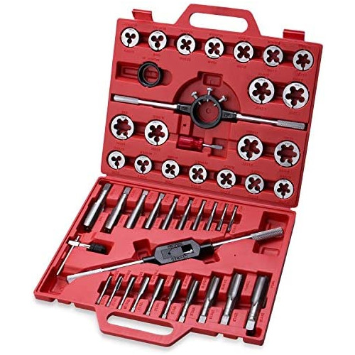45-Piece Premium Large Size Tap and Die Set - SAE 1/4, 5/16, 3/8, 7/16, 1/2, 9/16, 5/8, 3/4, 7/8, 1u201D, Both Coarse and Fine Teeth | Essential Threading and Rethreading Tool with Handle Wrench and Case