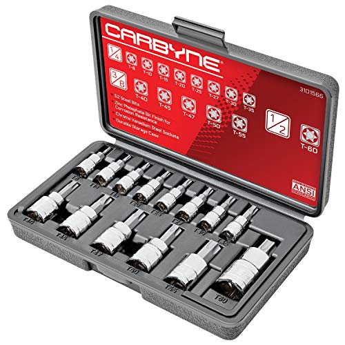 CARBYNE Torx Bit Socket Set - 14 Piece, T-8 to T-60 Sizes, S2 Steel Bits, CRV Sockets | 1/4-inch, 3/8-inch & 1/2-inch Drive