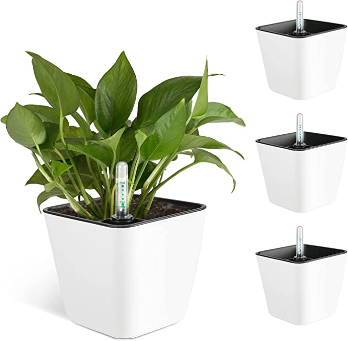 Vanslogreen 13.5cm 화분 플라스틱제 수위계 포함 급수 플랜터 보수 기능 현대식 실내 관엽 식물 허브 꽃 재배 적용 흰색 4종 세트