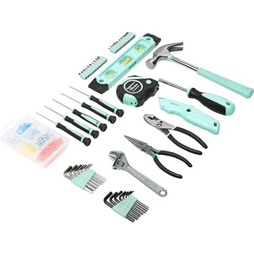 Amazon Basics Household Tool Set with Tool Storage Box - 150-Piece, Turquoise