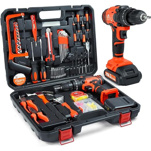108 Pcs Cordless Drill Set, 531in-lbs MAX 21V Electric Power Driver Kits, 3/8Keyless Chuck 2 Variable Speed with Faster Charger Hammer LED Light Tool Box Set for Home Repair Kit