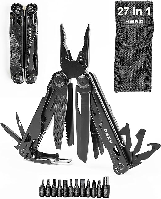 Hero Company 27-in-1 Multi Tool - Men's Grunt Multitool for Outdoor, Fishing, Camping, Survival, Hiking - Pocket Multi Tool with Knife, Pliers, Screwdriver, Scissors, Saw, Ruler, Can & Bottle Opener