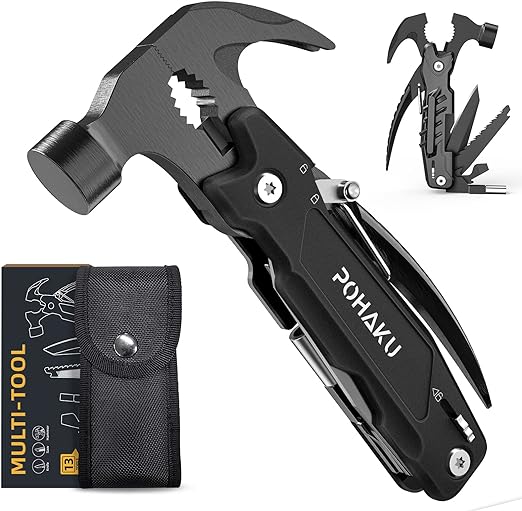 14-in-1 Multitool Hammer, Pohaku with DIY Stickers, Safety Lock, Screwdriver Bits Set and Durable Nylon Sheath, Multi Tool for Outdoor, Camping, Ideal Gifts Father, Husband, Boyfriend