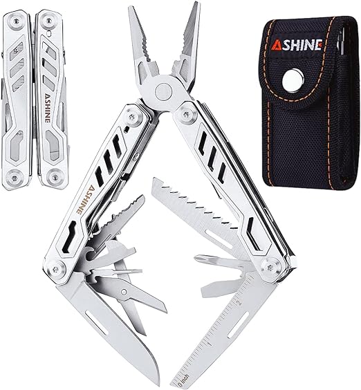 ASHINE Multitool with Pocket Clip Knife Scissors, 17-in-1 EDC Multi-tool Pliers Safety Lock Unlock Button Rounded Handles & Sheath for Men Camping Fishing