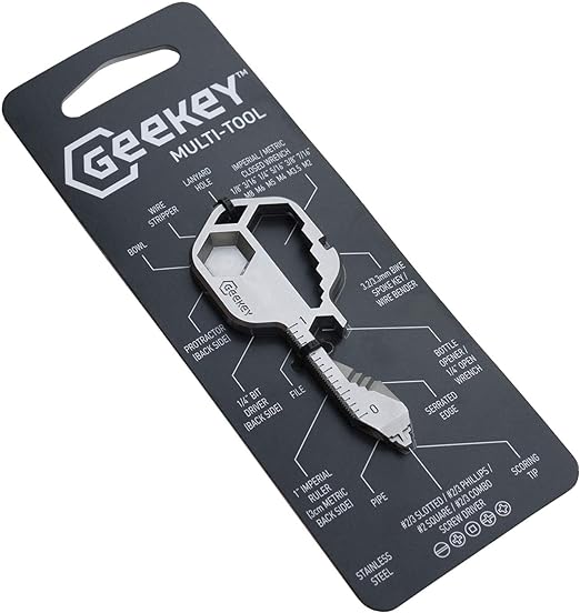 Geekey Multi-tool Original Stainless Steel Key Shaped Pocket Tool for Keychain Mini Utility Gadget Multifunctional 16+ Common Tools TSA Safe Gift Fathers Day, Groomsmen, Birthday