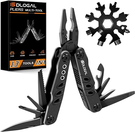 13in1 Camping Survival Multitool with Safety Locking,3 Kind of Pliers,Knife,Stainless Steel,Screwdriver,Can & Bottle Opener,18-in-1 Snowflake Wrench,Cool Ideal Gifts for Dad Husband Men Him Boyfriend