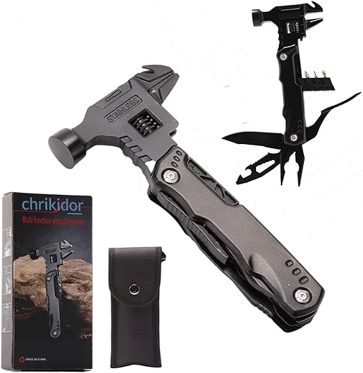 Chrikidor 16-in-1 Multitool - Compact DIY Survival Multi Tool with Screwdriver Pliers Bottle Key Knife adjustable wrench Gifts for Dad Cool Gadgets Camping Gear Pocket Hammer