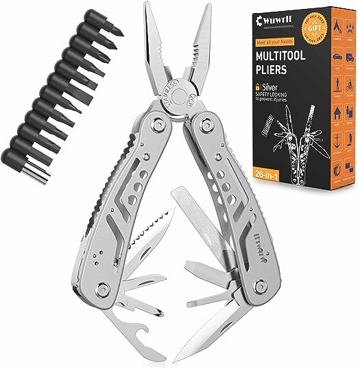 26-in-1 Multitool，Professional Stainless Steel Multi Tools ，Multitool Pliers Pliers Pocket Knife with Heavy Duty Pliers Screwdriver Sleeve, Replaceable Bits Multitools for Outdoor,