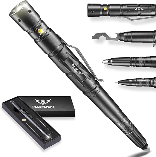TF TAKEFLIGHT Tactical Pen - Self Defense with LED Light for Emergency Situations Multitool EDC Gear, Military Gear Window breaker/Stocking Stuffer Gift Men Black