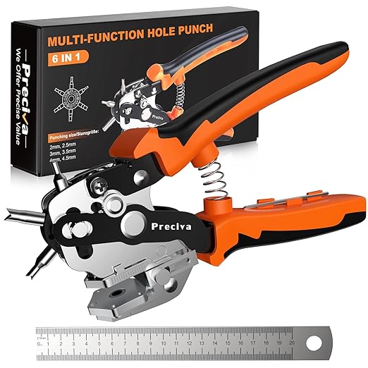 Hole Punch Plier, Preciva Revolving Punch Hole Tool with V-Shaped Cutting Edge Design, 6 Hole Sizes Used for Leather, Belts, Thin Iron Sheets, Paper Cards, Plastics, & Fabrics